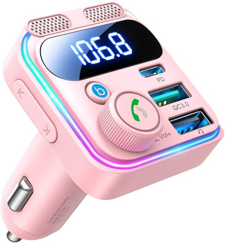 JOYROOM 81 W Bluetooth-adapter bil, 45 W PD & Bass Hi-Fi stereo】 2025 version FM-sändare bil Bluetooth 5.4, 【36 W QC3.0 och handsfree-system】Dubbel mikrofon och LED-ljus, Bluetooth och U-disk (rosa)