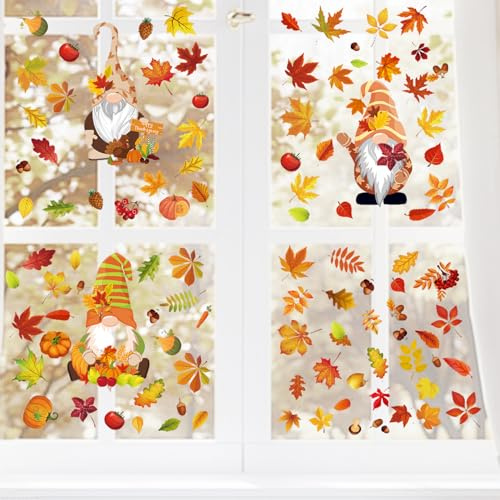 6 Stück Fensterbilder Herbst, Thanksgiving Herbstdeko Fenster Aufkleber, Selbstklebend Herbstblätter Aufkleber, Zwerg Ahornblatt Kürbis Fensterdeko, Herbstbild Herbstblätter Deko Fensteraufkleber