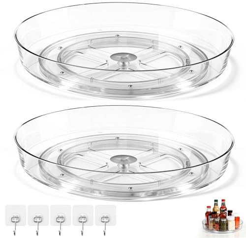 msymsyu Drehteller Organizer 25.4CM 360°Lazy Susan Drehteller 2Stk | PP, Transparent Kühlschrankdrehteller, mit 5 Selbstklebend Haken, Drehtellerkühlschrank für Schminktisch Gewürz Badezimmer