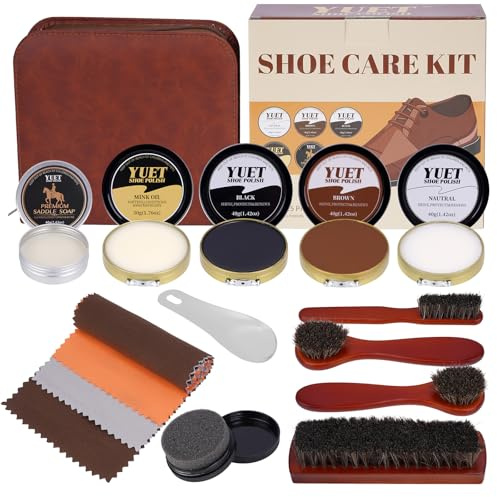 YUET 15-Piece Shoe Polish Kit, Complete Leather Shoe Care Kit with 5 Essential Care Items(Black, Brown, Neutral Polish, Mink Oil, Saddle Soap), 4-Brush System, Shoe Horn & Travel Case for Boots, Shoes