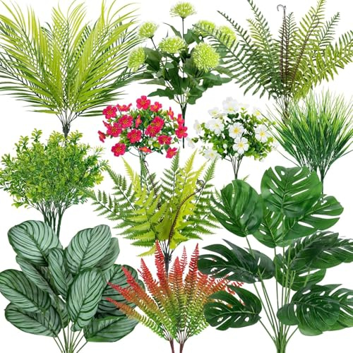 BlueCloudy 20PCS Artificial Plants Outdoor, Fake Plants UV Resistant Faux Greenery Stems Shrubs Bushes Ferns Grass Plastic Artificial Flowers Plant for Outdoors Indoor Window Garden Porch Decor