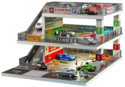 1:64 Scale Diecast Car Display Case with LED Lights - 2-Tier Modular Parking Garage Diorama, Lighted Model Car Storage for Hot Wheels & Matchbox (Light Gray 73449A)
