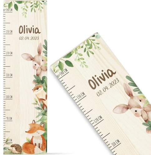 GRAVURZEILE Messlatte für Kinder aus Holz - Waldtiere - Personalisiert mit Namen für Kinderzimmer - Skala misst 80-140 cm - Größe 20 x 70 x 2 cm - Geschenk zur Geburt für Mädchen & Jungen