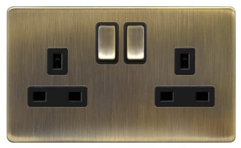 EVOGES Terra 2 Gang 13A Double Pole Switched Socket – Decorative Wall Power Outlet, Twin Plug Socket, Fits Standard UK Back Boxes, UK Wiring Accessories (Antique Brushed Brass)