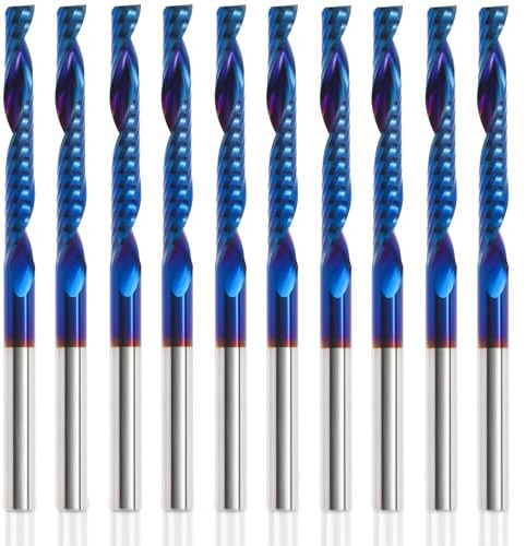 HQMaster 10 Pack O Flute CNC Router Bit 1/8” Shank Spiral Upcut Router Bit Single Flute End Mill Set Milling Cutter 1/8 Cutting Dia Tungsten Carbide Engraving Tool for MDF Acrylic PVC Wood Board
