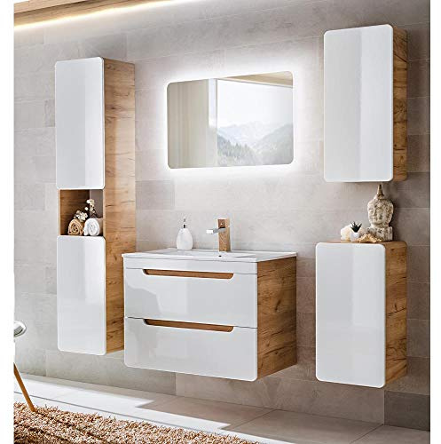 Lomadox Badezimmer Möbel Set 5-teilig Hochglanz weiß inkl. 81 cm Keramikwaschtisch LUTON-56, B/H/T ca. 181/200/46 cm