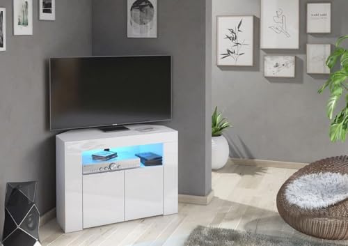 Furneo Clifton07 - Mobile porta TV ad angolo opaco e lucido, con luci LED blu moderno Matt White/Gloss White