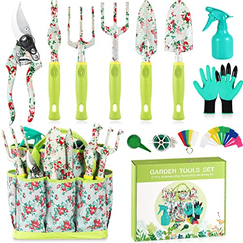 Gartengeräte-Set – 13-teiliges robustes Aluminium-Gartengeräte-Set mit Blumendruck, Gartenwerkzeuge rutschfestem Gummigriff und robuster Aufbewahrungstasche, Gartenzubehör, Geschenke für Frauen Männer