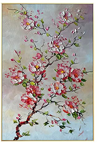 Ölbilder Auf Leinwand Handgemalt,Chinesische Rote Pflaume Blume Blüte Messer Textur Vertikale Große Ölgemälde Kunst Moderne Abstrakte Kunstwerk Leinwand Wandkunst Gemälde Wohnzimmer Schlafzimm