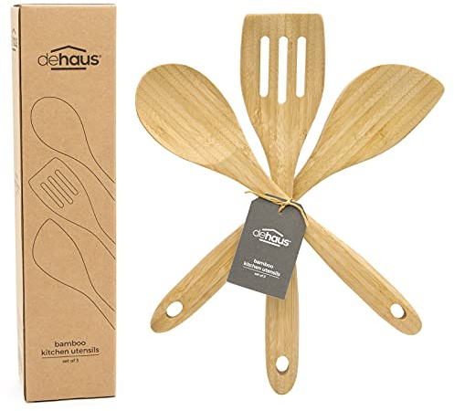 Dehaus® Premium Bamboo Kitchen Utensils - Set of 3 - Luxury Wooden Spoon, Spatula & Fish Slice - Slotted Turner Utensil Accessories - Wood Cooking Tools for Non Stick Pan or Wok - Mini Starter Sets