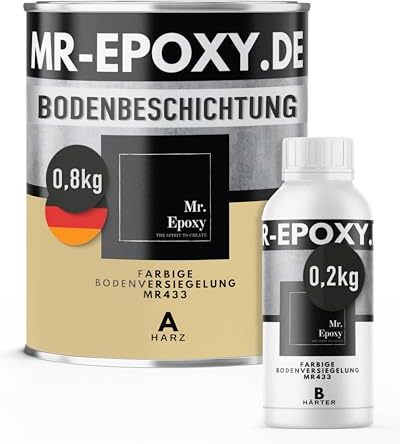 Mr. Epoxy Epoxidharz Bodenbeschichtung (1 kg, RAL 1001 Beige) - 2K Betonfarbe für Garagen, Keller & Werkstatt Boden - Flüssigkunststoff Epoxid Grundierung und Bodenversiegelung
