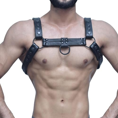 EPIGEAN Men's Leather Harness Body Chest Armour Made up of Genuine leather With Buckles Adjustable Strap Belt (SMALL, BLACK)