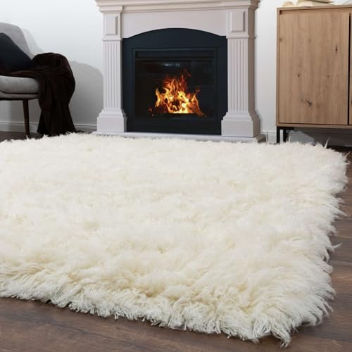 Steffensmeier Flokati Shaggy Rug Flokati 2000 | Wool, Natural, Size: Ø 110 cm (3'7), Round, Original From Greece, Living Room and Bedroom Rug