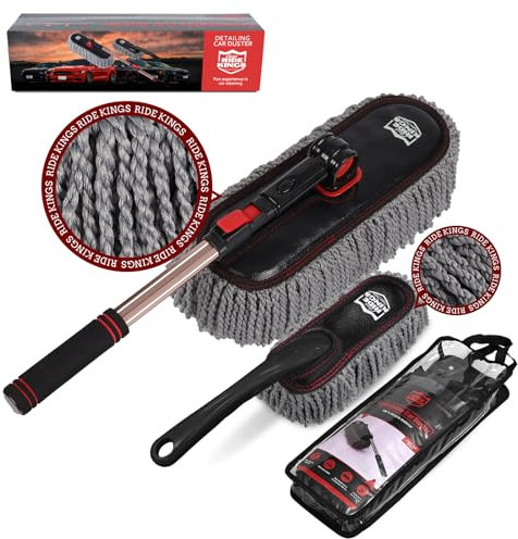 RIDE KINGS Juego de plumero para coche, exterior sin arañazos, con mango extensible, cepillos grandes y pequeños para eliminar el polvo para automóviles y camiones, cepillo interior de microfibra para