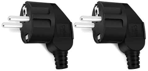 PABANCE Spina Schuko angolare 2 pezzi, spina con contatto di protezione con manicotto antipiega, spina 250 V (16 A), spina angolare esterna impermeabile, per cavo da 8 a 10 mm, colore nero