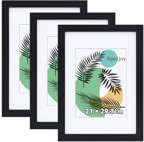 Spotjoy Bilderrahmen 21 x 29.7cm Din A4, 3er Set, MDF-Rahmen Holzrahmen mit Acrylglas Fotorahmen für Tisch- und Wandmontage Echtholz Passepartout Dokumentenrahmen Zertifikatsrahmen, Schwarz