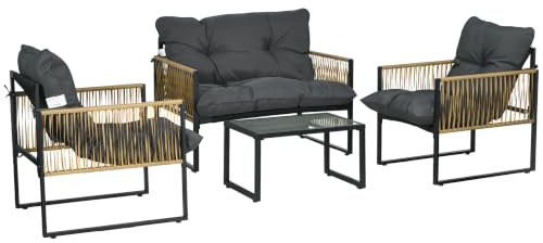 Outsunny Salon De Jardin Extérieur 4 Pièces Canapé 2 Places Gris | Mobilier de Jardin, 2 Fauteuils, 1 Table Basse, Plateau Verre Trempé, 3 Coussins, Acier et Résine Tressée