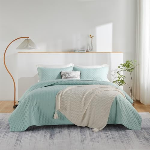 JUNCAI Bedspread Mint Green Double Size Bed, Soft Lightweight Summer Microfiber Coverless Duvet for All Season, 3 Piece Bedspread with Pillow Shams (1 Quilt, 2 Pillow Shams)