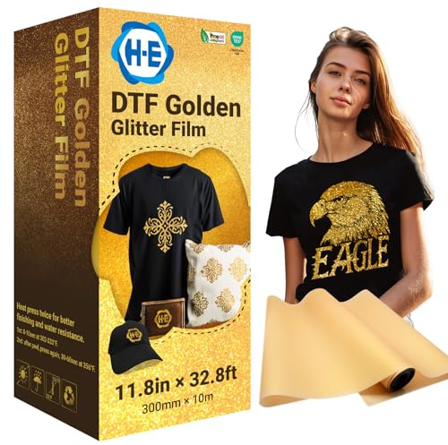 H-E Golden Glitter DTF Transferfolie, 33 cm x 10 m, DTF Golden Glitter Film Papierrolle, Cold Peel DTF Glitter Golden Transferfolie beschichtet mit goldenem Glitzer