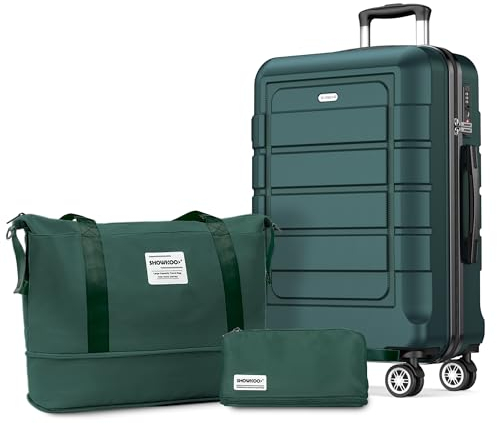 SHOWKOO Koffer Mittelgroß Hartschale Leicht ABS+PC Erweiterbar Reisekoffer Kabinen Haltbar Handgepäck Sets 4 Rollen TSA-Schloss mit 1 Reisetasche und 1 Kulturtasche, L -Armeegrün