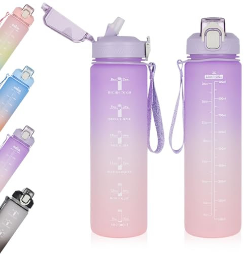 Fodlon Water Bottle 1l, Water Bottles with Straw, Leakproof Water Bottle with Time Markings, Large Water Bottle Running Cycling School Office, Reusable Sports Drinks Bottle Women Men Kids (Purple)