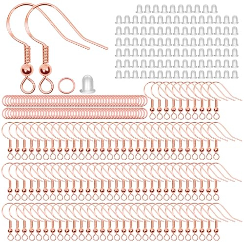 300 Pezzi S925 Ganci Orecchini, Orecchini Fai Da Te (Oro Rosa) | Monachelle per Orecchini Anallergici con Tappo per le Orecchie e Bobina, Ganci per Orecchini Rame Placcato Argento
