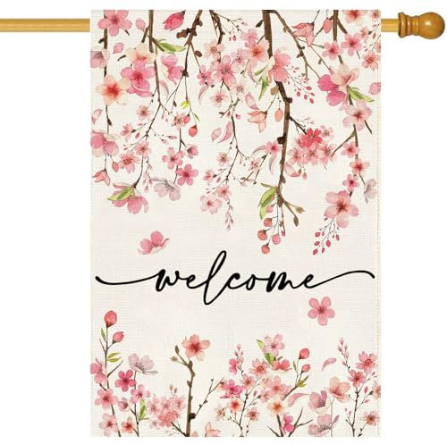 Baccessor Drapeau de bienvenue pour printemps et été, 71,1 x 101,6 cm, double face, rose, floral, cerisier, feuille verte, ferme, grand drapeau de cour, vacances d'été, décoration extérieure