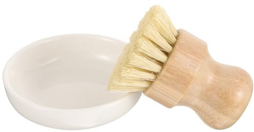 Alipis Bamboo Pot and Dish Scrub Brush with Ceramic Base Rack Palm Scrubbers for Kitchen Stove and Sink