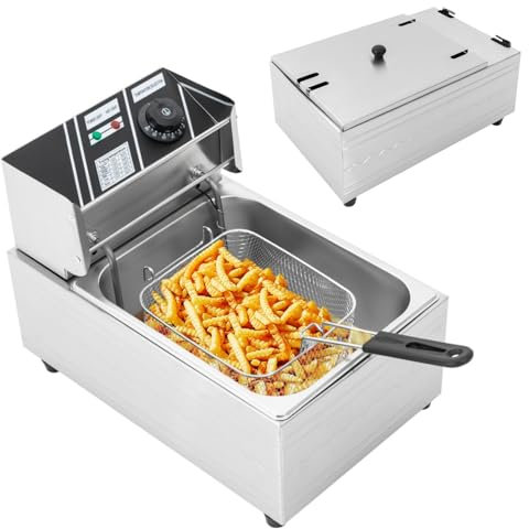 Friteuse électrique pour plan de travail - 6 l - 220 V - 2500 W - Pour cuisine professionnelle - Zones froides - Friteuse en acier inoxydable avec égouttoir à huile - Couvercle - Protection contre la
