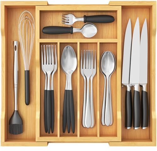 Lifewit Großer Besteckkasten für Schubladen, Tiefe 33 cm, Schubladen Besteck Organizer für Küche, Besteckkorb Besteckhalter für Löffel/Gabeln, Naturfarbe
