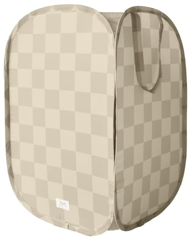 3 Sprouts Wäschekorb Pop-up Kinder, faltbar, Schachbrett Beige | selbststehender Pop-up Stoffkorb Seitengriffe für Transport für Wäsche, Handtücher und Schlafbereiche flach verstaubar