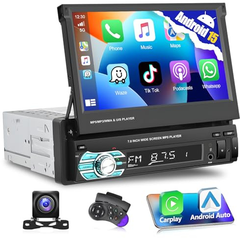 Autorradio Motorsi 1DIN con Apple CarPlay, Pantalla Táctil HD Retráctil de 7, Bluetooth, Android Auto, Mirror Link/Controles en el Volante/Audio FM estéreo + Cámara de Reversa AHD