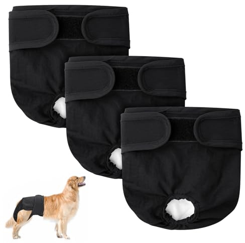 Aomig Hundblöjor för tikar, 3-pack tvättbara läckagesäkra värmebyxor, återanvändbara bindor för tikar, mycket absorberande inkontinensblöjor för hundar (svart, L)