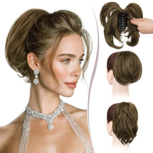 RUWISS Pferdeschwanz Haarteil mit Klammer Echthaar Kurze 22cm Ponytail Extension mit Biegbaren Metall für DIY-Frisuren Gerade Messy Bun Haarteil für Damen, Braun Gemischt