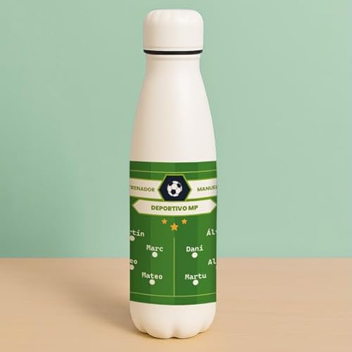 Transparent Gift Botella Campo de Futbol Personalizada. Regalo entrenador Original. Botella de Acero con Nombres Equipo. Regalo para Deportistas.