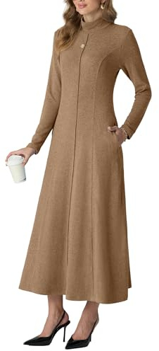 GRECERELLE Vestito lungo da donna con collo alto a maniche lunghe autunno inverno elegante casual quotidiano business appuntamento relax stretch abito lungo con tasche, cachi, M