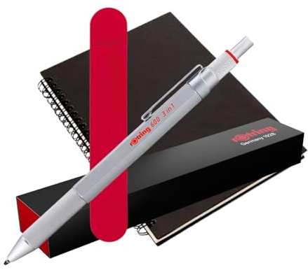 rOtring 600 3-in-1 Multicolor Pen & Druckbleistift | Silberner Schaft | Kugelschreiber (schwarze & rote Tinte) + 0,5 mm Bleistift | Geschenkbox + A5 Spiralnotizbuch + Samtbeutel