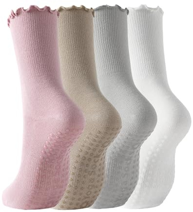 Yawlsow Pilates greppstrumpor för kvinnor, volang yoga strumpor halkskydd, bomull crew sportstrumpor för barre, dans, sjukhus, Rosa+kaki+grå+vit, One Size