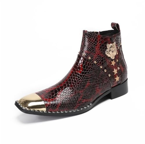 Yhsdfcn Botas Chelsea de Vestir para Hombre en Charol con Grabado de Cocodrilo, Botines Elegantes Color Burdeos con Punta Metálica Dorada, Zapatos de Boda y Gala Originales,Rojo,EU44