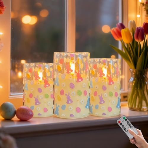 Osterdeko Flammenlose LED Kerzen, Ostern Deko LED Kerzen mit Fernbedienung und Timerfunktion, 2 Modi, Elektrische Kerze Flackernde Flamme mit Osterhase Motiv Ostern Tischdeko für Osterdeko Innen (A)