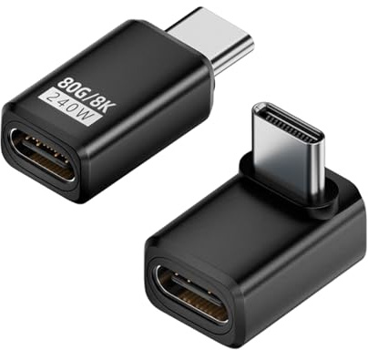FinalCool 2-pack 90° svart krökt rakt huvud 240 W, 80 Gbit/s, 8K@60 Hz, 24 stift 90 graders USB-C-förlängare, 40 Gbps snabbladdning och 4K-video, för Steam Deck, MacBook, Smart Tablet och smartphone