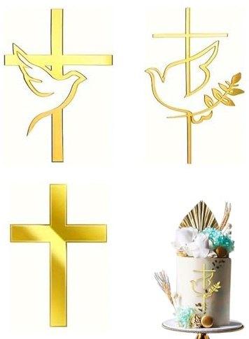 TBCDS 3 Pièces Acrylique Baptême Décoration de Gâteau avec Colombe et Feuilles, Décorations de Gâteau en Forme de Croix, Deco Communion Baptême pour Première Communion, Deco Bapteme