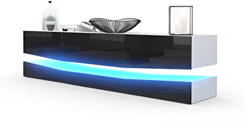 Vladon Buffet Bas City, Meuble TV avec Socle, 1 Compartiment Ouvert et 3 tiroirs, Blanc Mat/Noir Haute Brillance, éclairage LED Inclus (178 x Variable x 39 cm)