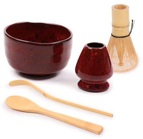 BambooMN Brand - Matcha Bowl Set (Includes Bowl, Rest,Tea Whisk, Chasaku, & Tea Spoon) 1 Set Deep Red w/Black