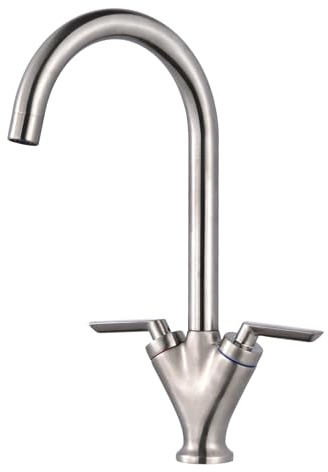 Hapilife Kitchen Tap Brushed Steel Monobloc Dual Lever 360° Swivel Spout | Swan Neck Kitchen Mixer Taps 1 Hole | Brass Brushed Nickel Finish | Easy Fit Sink Tap for Vintage Country Traditional Kitchen