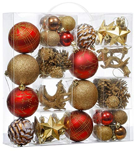 Valery Madelyn Weihnachtsbaumkugel-Ornamente, bruchsicher, Rot und Braun, 70 Karat, Feiertagsdekorationsset für Weihnachtsbäume | Weihnachtsbaumschmuck, bruchsicher, Wald, hängende Kugel, Großpackung für Weihnachtsdekoration, Rot und Braun