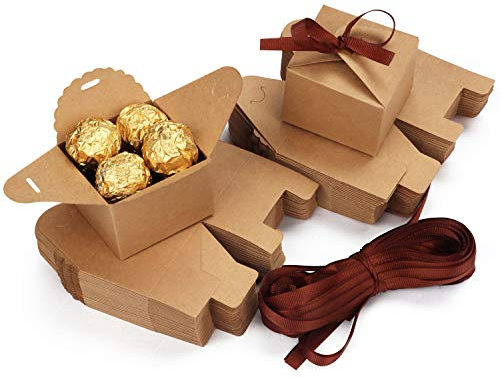 Belle Vous 60 Stk Karton Geschenkboxen Braun mit Band - Schachteln Kleine Pappschachteln 6,5 x 6,5 x 4,5cm Kraftpapier Geschenk Box für Hochzeit, Geburtstag, Party, Weihnachten
