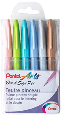 Pentel Arts Brush Sign Pen SES15C/6PASTEL, Packung mit 6 Pinselstiften, verschiedene Pastellfarben
