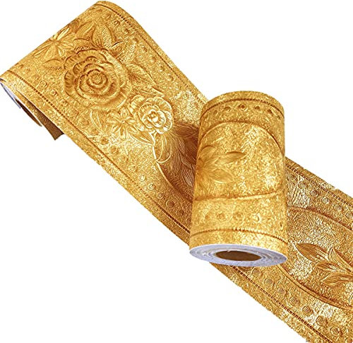 Mesoar Elegant 3D Gold Floral Wallpaper Border Wall Peel Stick Molding Border Home Ceiling Sticker for Bathroom Living Room Kitchen Wall 10cm by 16.4ft