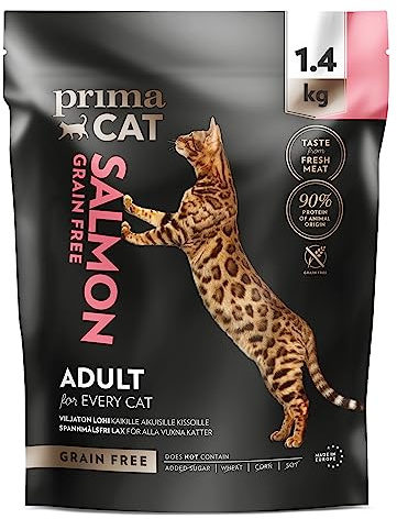 PrimaCat – spannmålsfritt torrfoder för vuxna katter, smak lax, 1,4 kg